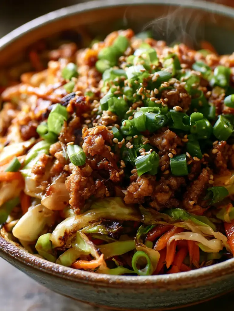 A close-up of a glossy savory sauce coating the ingredients of an egg roll skillet with bright green scallions.