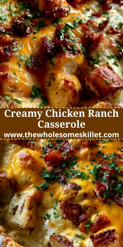 Chicken Bacon Ranch Casserole: The Ultimate Cheesy Potato Bake 4 Overhead view of a hot chicken bacon ranch casserole in a white ceramic dish with melted cheese and fresh parsley.