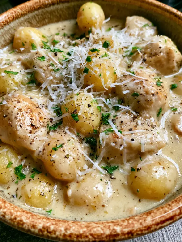 Garlic Parmesan Chicken Potatoes: The Ultimate Creamy Slow Cooker Comfort Food 1 A smartphone-style photo of garlic parmesan chicken potatoes with soft steam and airy parmesan wisps.