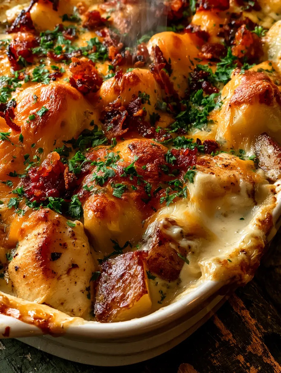 Chicken Bacon Ranch Casserole: The Ultimate Cheesy Potato Bake 3 Extreme close-up of molten golden-brown cheese and crispy bacon on a chicken bacon ranch casserole.