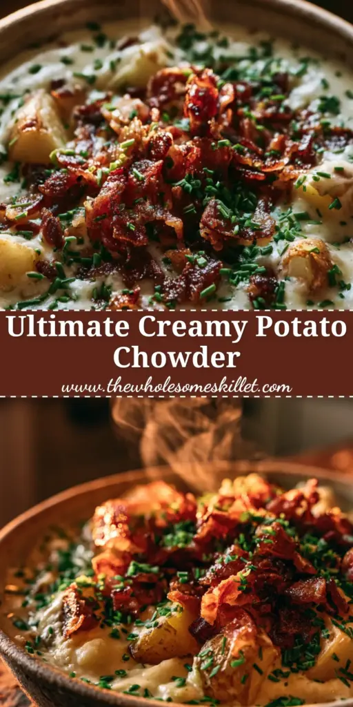 A luxurious, thick potato bacon chowder in a rustic bowl with golden potatoes and crispy bacon. (potato bacon chowder)