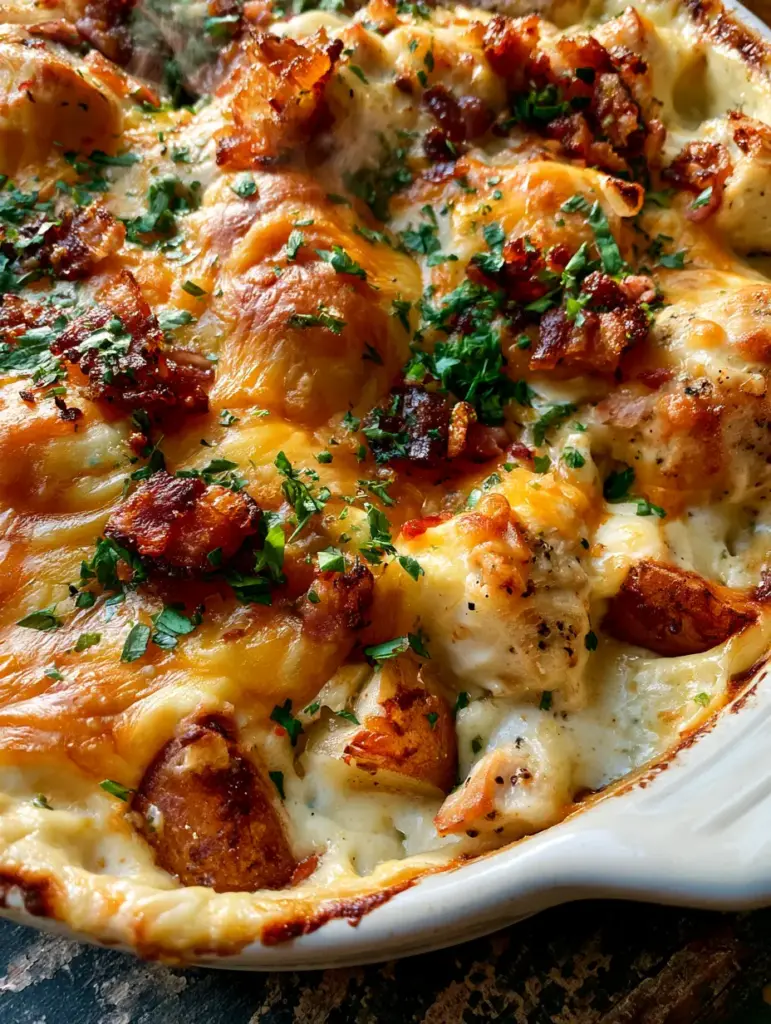 Chicken Bacon Ranch Casserole: The Ultimate Cheesy Potato Bake 1 Close-up of roasted potato cubes and seasoned chicken peeking through a creamy ranch sauce.