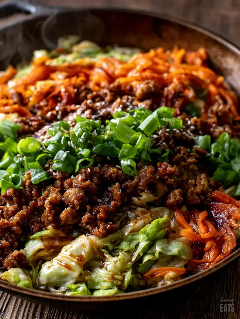 Egg Roll Skillet: The Ultimate 20-Minute Low-Carb Dinner 2 Close-up of glossy soy sauce glazed ground pork and cabbage in an egg roll skillet. (egg roll skillet)