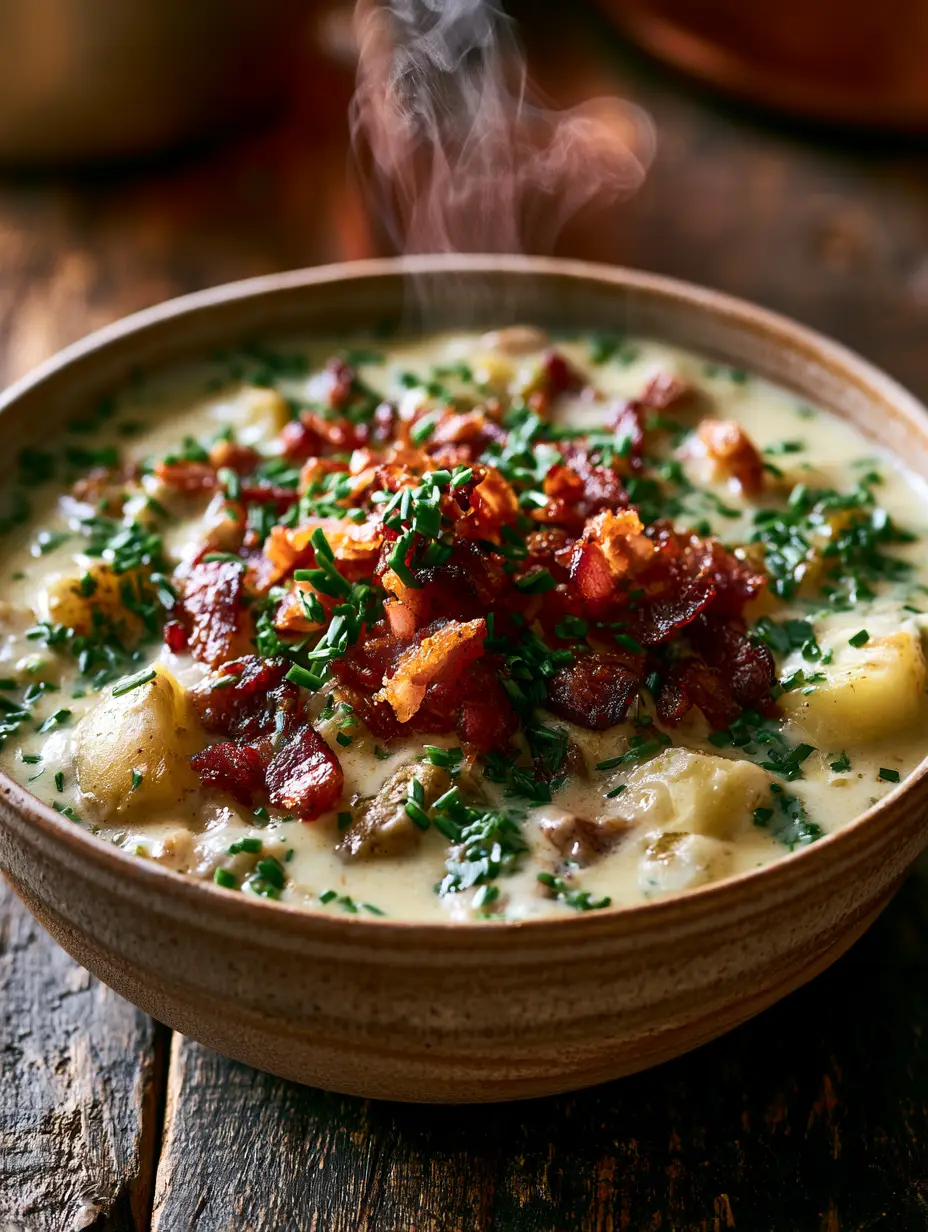 Overhead shot of creamy potato bacon chowder topped with chives and black pepper. (potato bacon chowder)