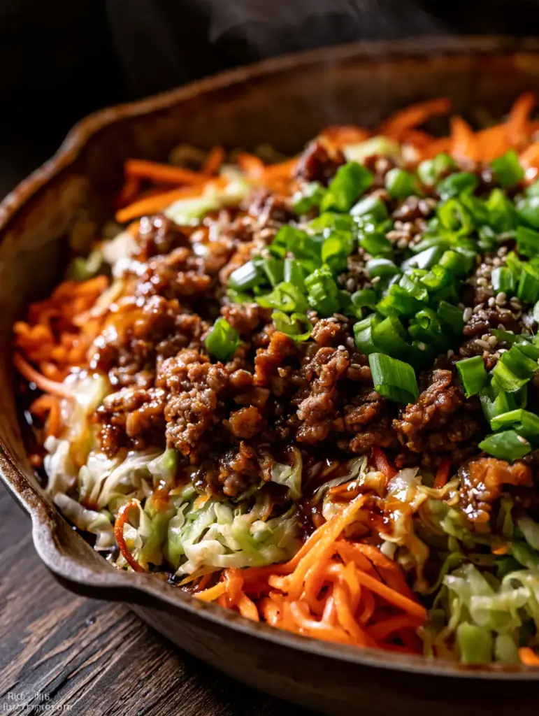 Egg Roll Skillet: The Ultimate 20-Minute Low-Carb Dinner 1 Rustic cast iron skillet on dark wood featuring vibrant orange carrots and green scallions in a deconstructed egg roll. (egg roll skillet)