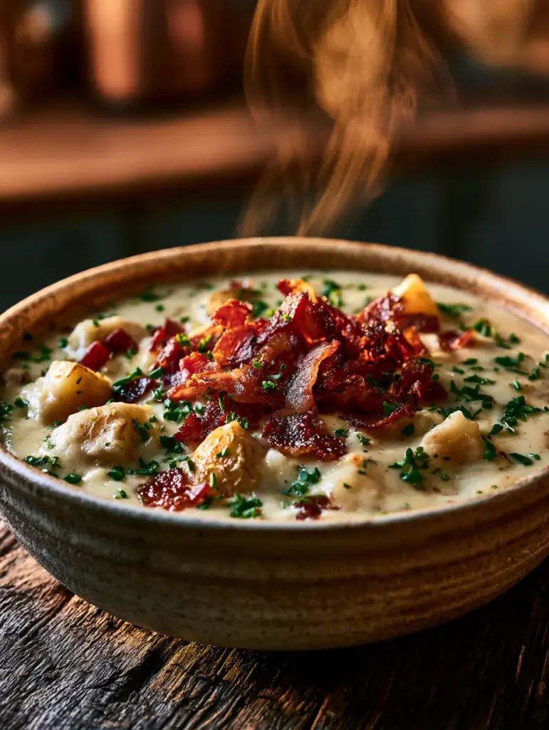 Close up of golden potato chunks and glistening bacon in a thick white soup base.