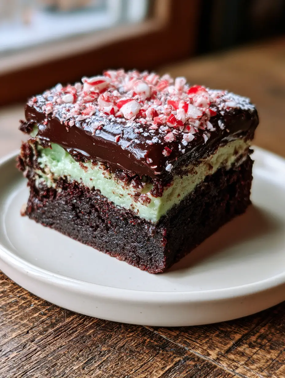 Close-up of a single square of peppermint brownies with three distinct layers on a white plate. (peppermint brownies)