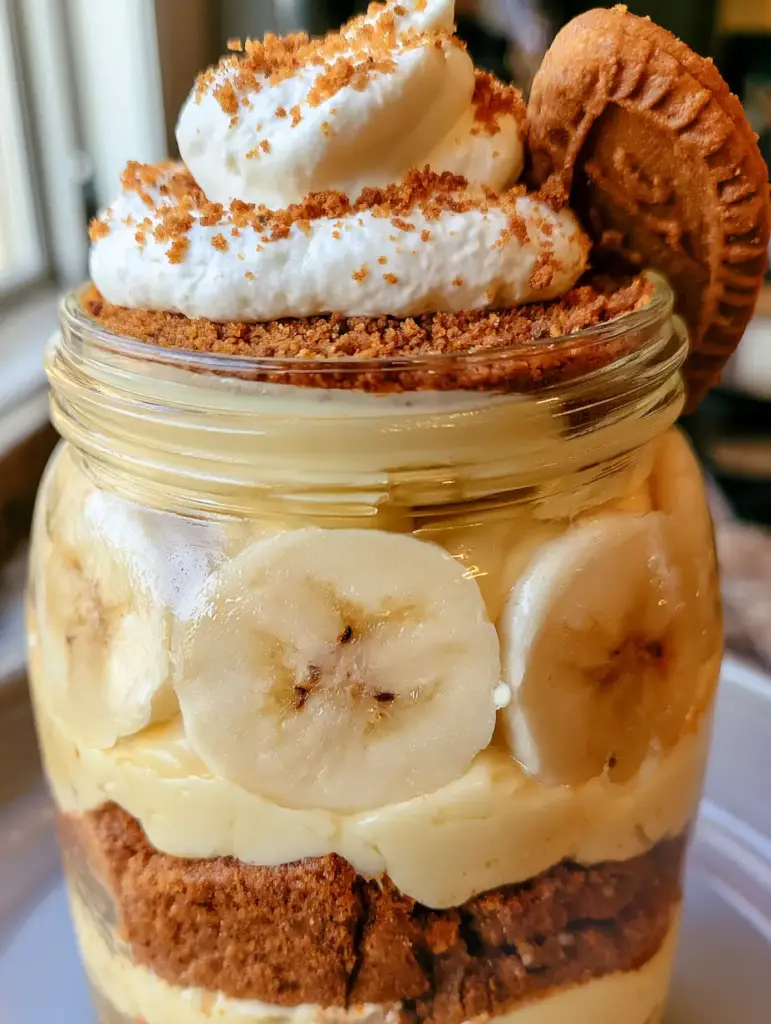 Biscoff Banana Pudding: The Ultimate Layered Speculoos Dessert 1 A side view of the biscoff banana pudding jar highlighting the perfectly sliced banana rounds pressed against the glass.