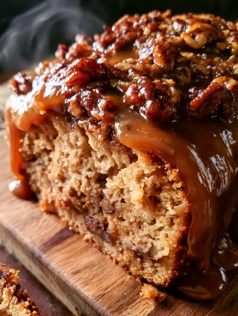Pecan Loaf with a Glossy Amber Caramel Glaze 2 Detailed view of the moist crumb of a pecan loaf, featuring chopped toasted pecans and a glistening glaze.