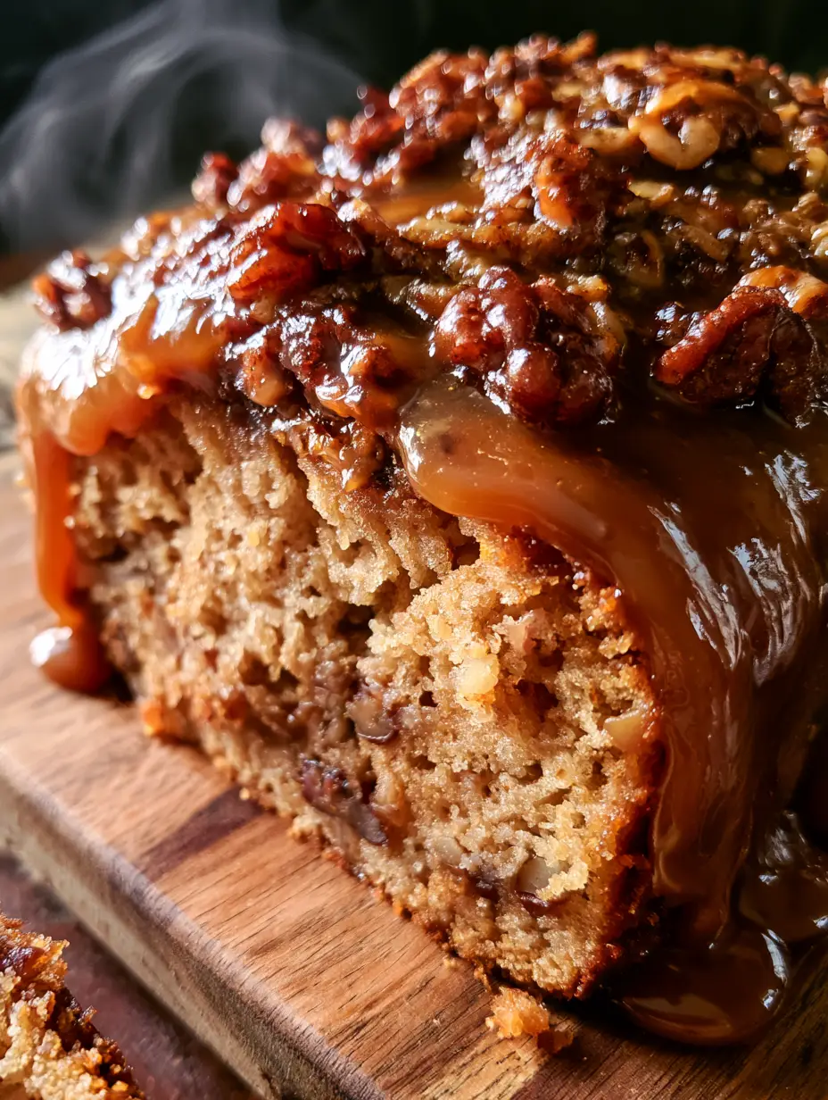 Pecan Loaf with a Glossy Amber Caramel Glaze 3 Detailed view of the moist crumb of a pecan loaf, featuring chopped toasted pecans and a glistening glaze.