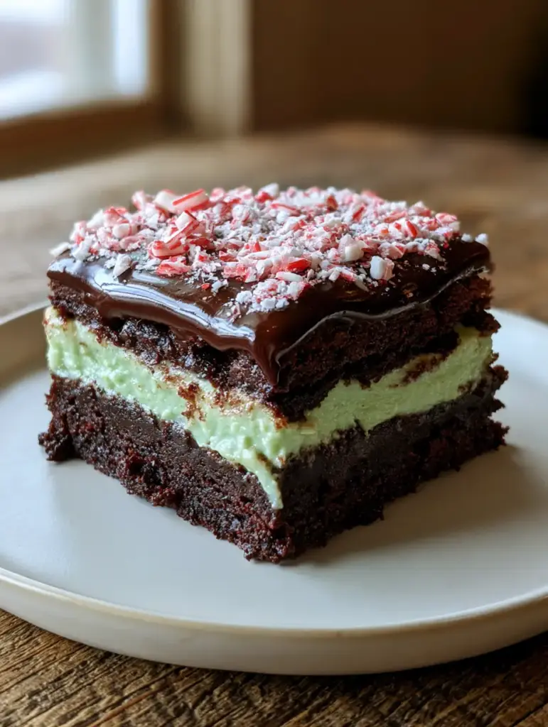 Top view of peppermint brownies showing the glossy ganache and crushed candy cane topping.