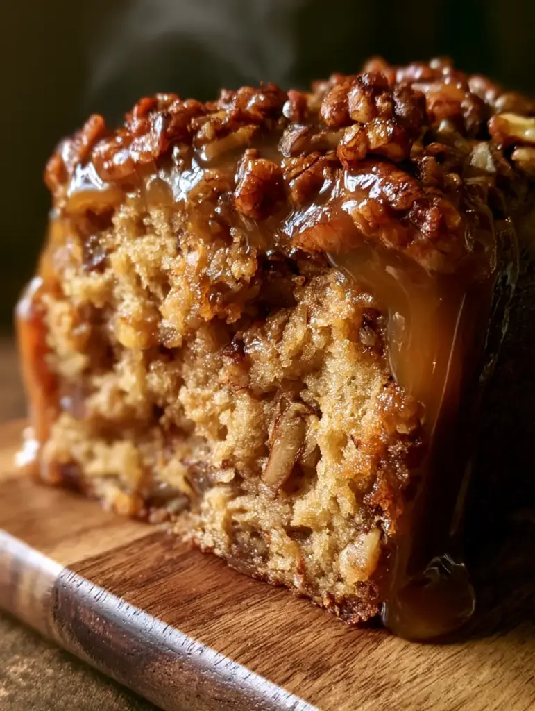 Pecan Loaf with a Glossy Amber Caramel Glaze 1 A fresh-baked pecan loaf with steam subtly rising, showing the glossy amber caramel topping cascading over the edges.