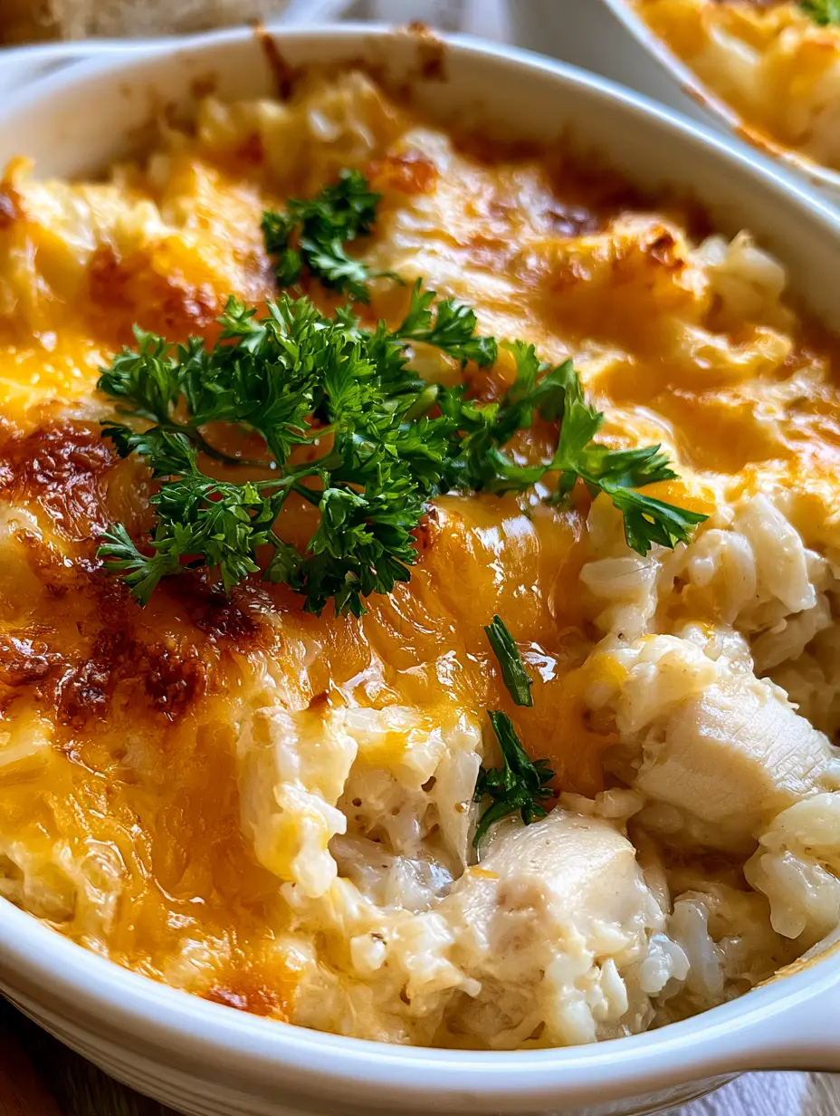 Top-down view of angel chicken casserole showing bubbling cheese and steam.