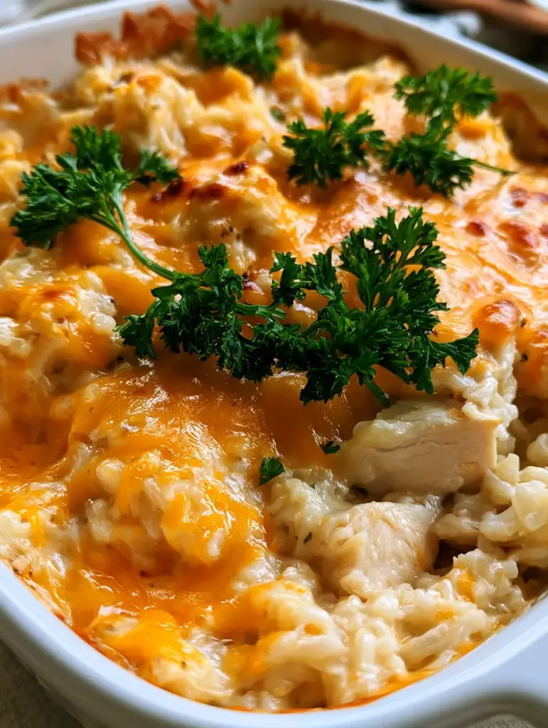 Close-up of golden-brown melted cheddar cheese over creamy rice and chicken chunks.