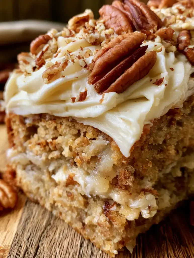 Hummingbird Cake Recipe: The Ultimate Moist Pineapple Banana Southern Classic 2 A close-up highly detailed shot of a single slice of hummingbird cake showing golden layers and ivory frosting. (hummingbird cake)