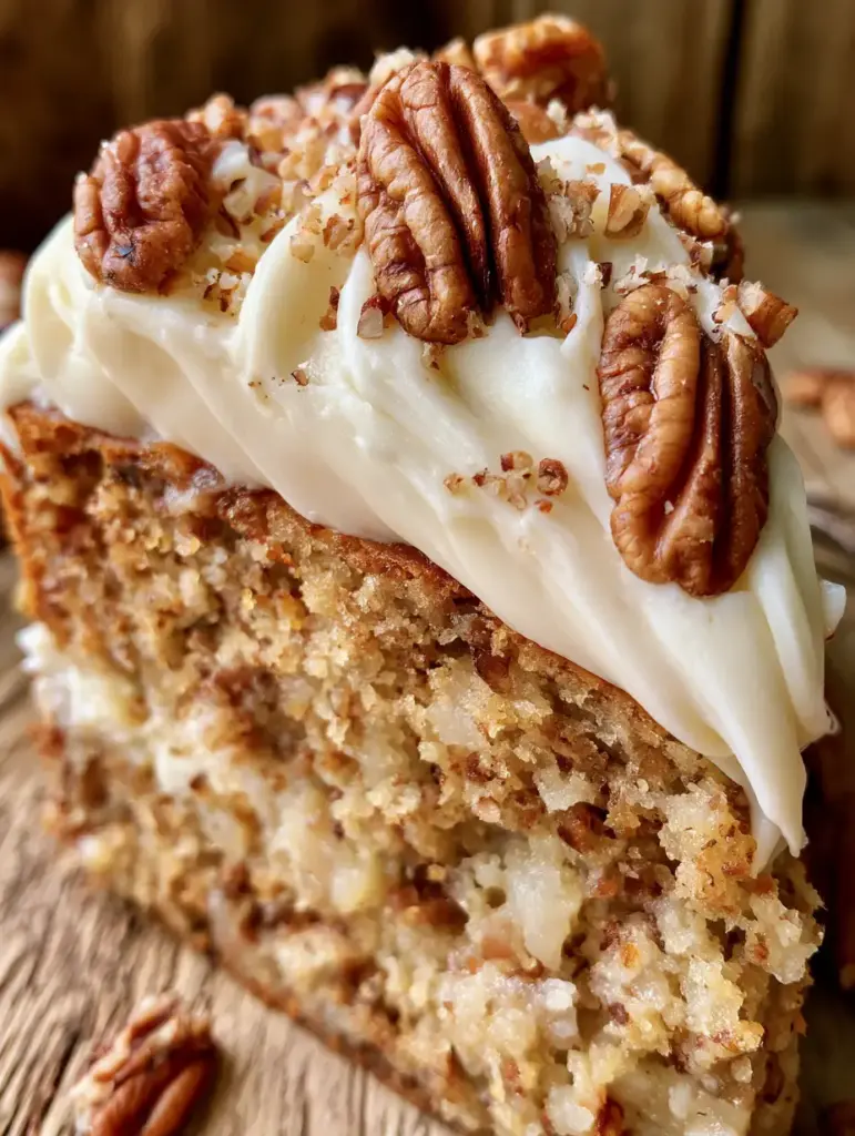 Hummingbird Cake Recipe: The Ultimate Moist Pineapple Banana Southern Classic 1 Side view of a hummingbird cake slice revealing pineapple and banana pieces in a golden crumb.