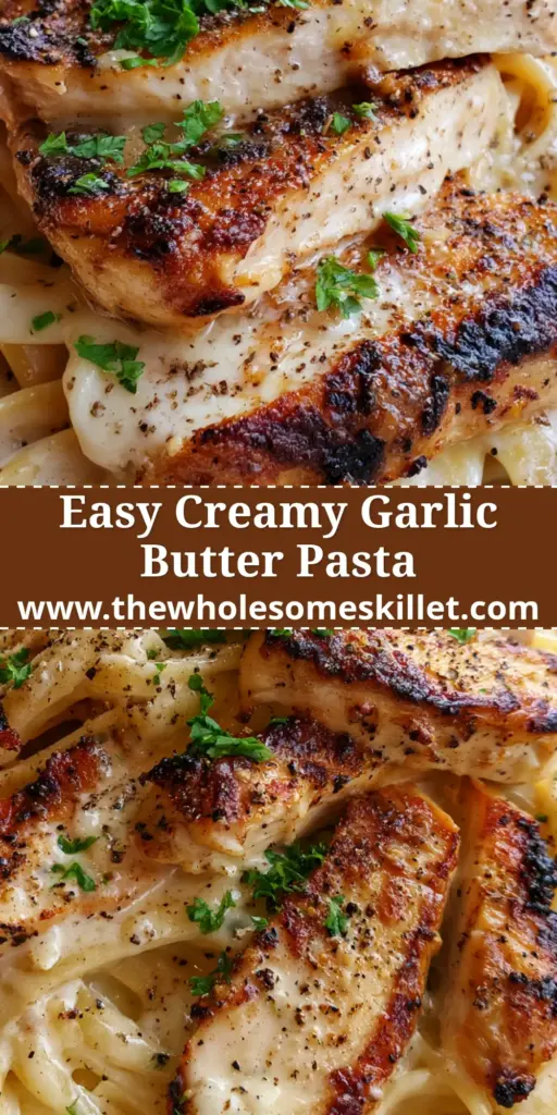 Garlic Butter Chicken Pasta with Creamy Parmesan Sauce 3 A handheld smartphone photo of creamy garlic butter chicken pasta with charred chicken medallions and parsley. (garlic butter chicken pasta)