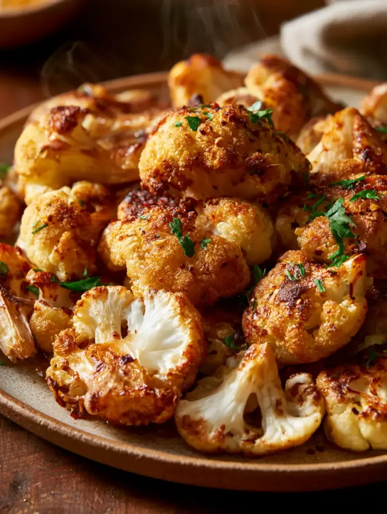Roasted Cauliflower: The Ultimate Guide to Golden-Brown Perfection 1 Top-down view of roasted cauliflower florets on a ceramic plate with steam rising and vibrant green parsley.