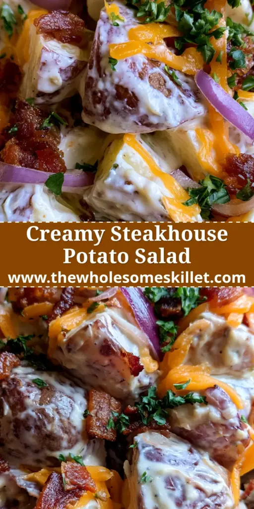 Steakhouse Potato Salad: The Ultimate Creamy Loaded Side Dish 4 A towering serving of steakhouse potato salad in a rustic bowl with bacon, cheddar, and red onions.
