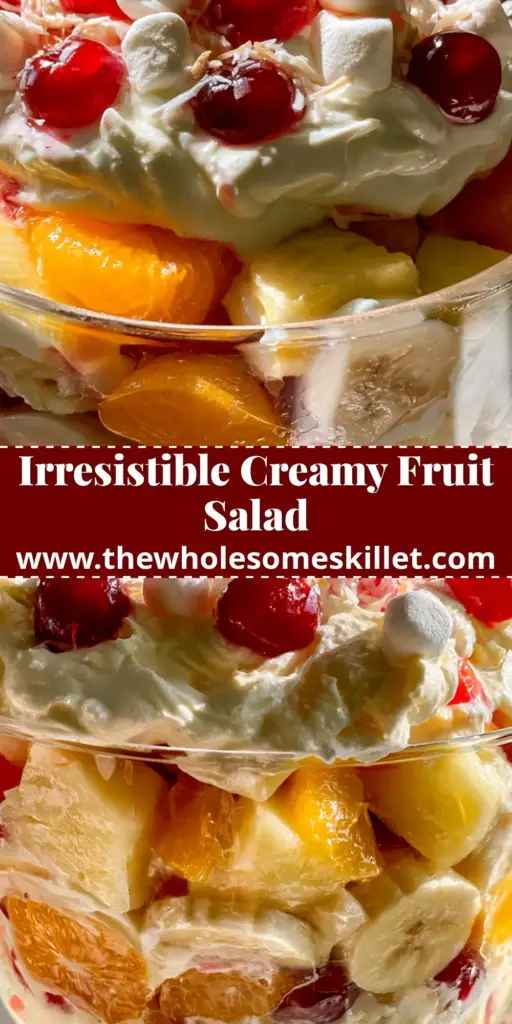 Ambrosia Fruit Medley: The Ultimate Creamy Retro Fruit Salad 4 A close-up shot of a creamy ambrosia fruit medley topped with bright maraschino cherries and fluffy marshmallows in a glass bowl.
