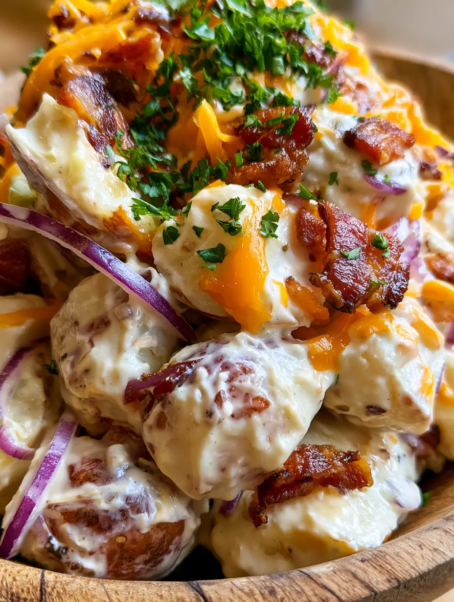 Steakhouse Potato Salad: The Ultimate Creamy Loaded Side Dish 3 Close-up of steakhouse potato salad showing melting cheddar cheese and crispy bacon bits.