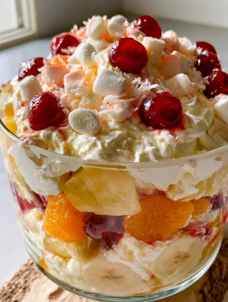 Ambrosia Fruit Medley: The Ultimate Creamy Retro Fruit Salad 2 A layered ambrosia fruit medley showing mandarin oranges and pineapple through a clear glass bowl with whipped topping. (ambrosia fruit medley)