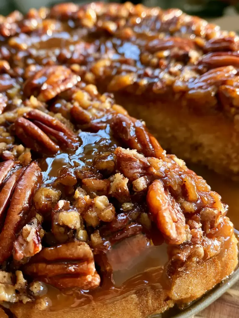 Pecan Caramel Cake: The Ultimate Upside-Down Southern Delight 2 Top-down view of a freshly baked pecan caramel cake featuring glossy sauce and whole pecans.
