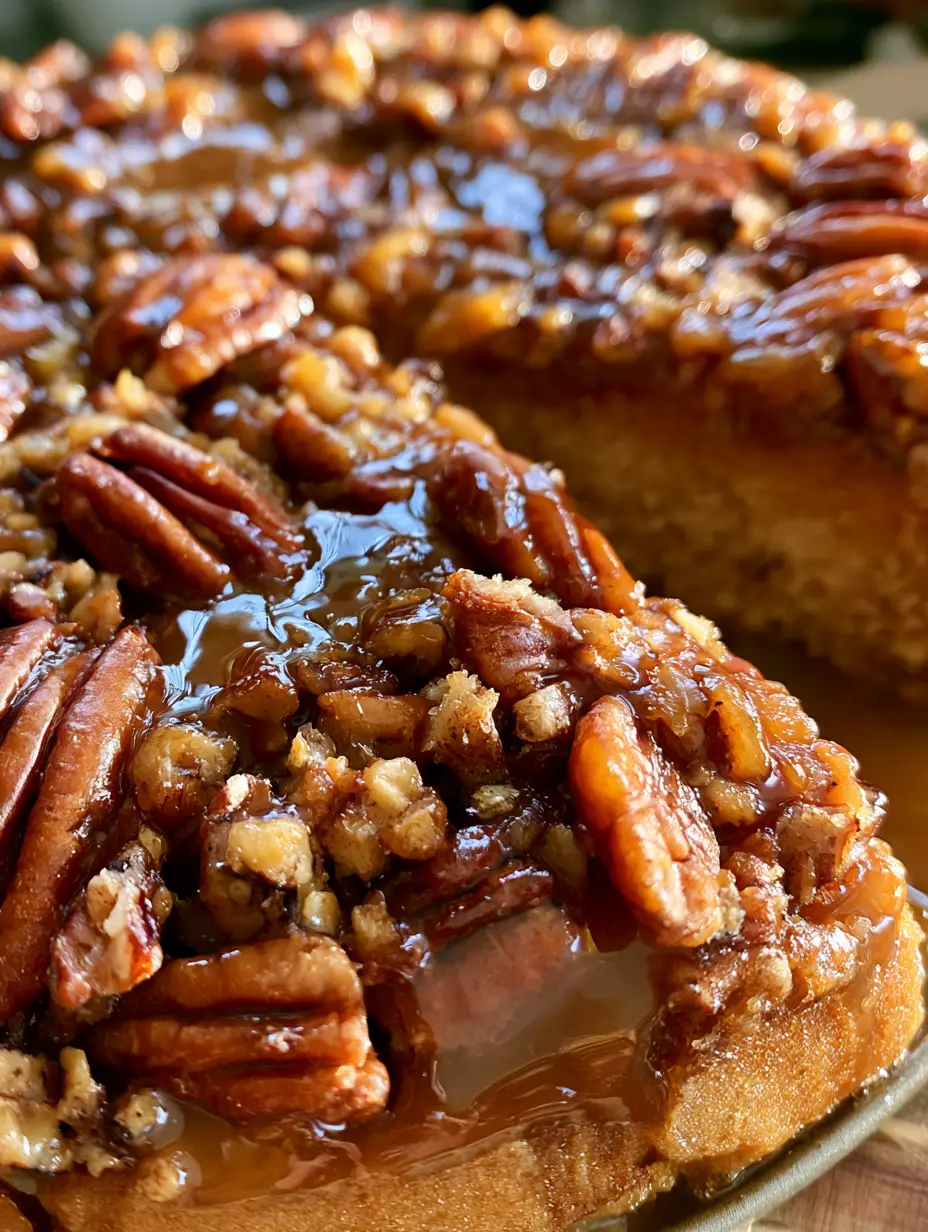 Pecan Caramel Cake: The Ultimate Upside-Down Southern Delight 3 Top-down view of a freshly baked pecan caramel cake featuring glossy sauce and whole pecans.