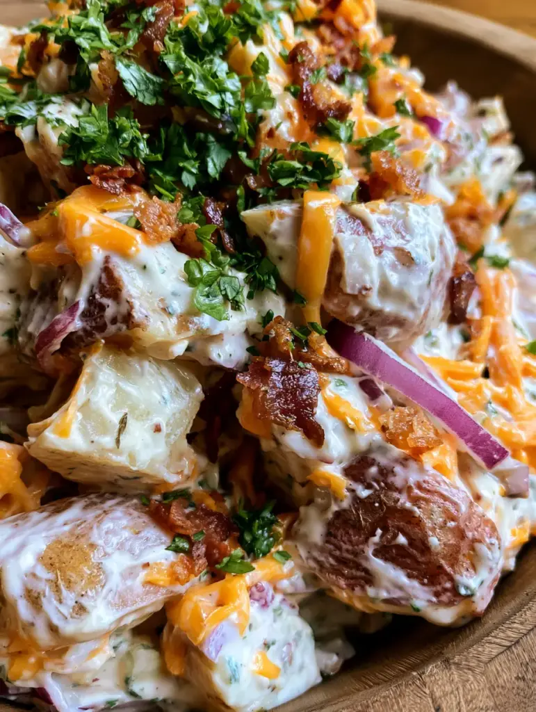 Steakhouse Potato Salad: The Ultimate Creamy Loaded Side Dish 1 Steakhouse potato salad served in a rustic wooden bowl with fresh parsley garnish.