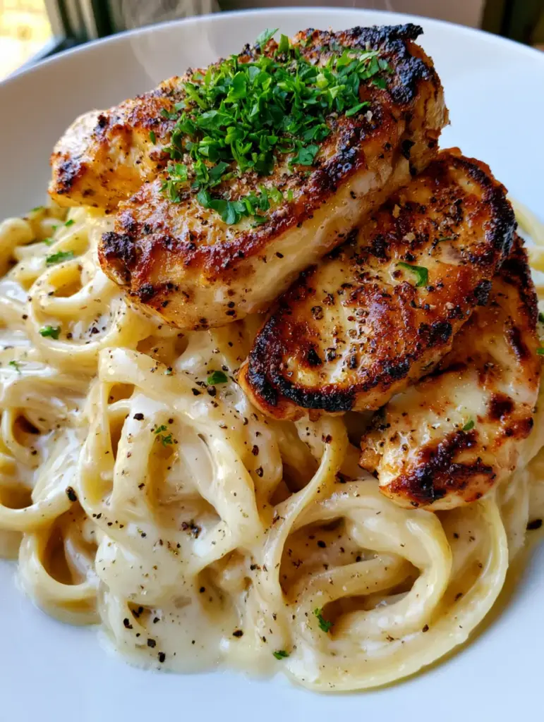 Garlic Butter Chicken Pasta with Creamy Parmesan Sauce 2 Macro focus on thick fettuccine noodles coated in silky white parmesan sauce and charred chicken. (garlic butter chicken pasta)