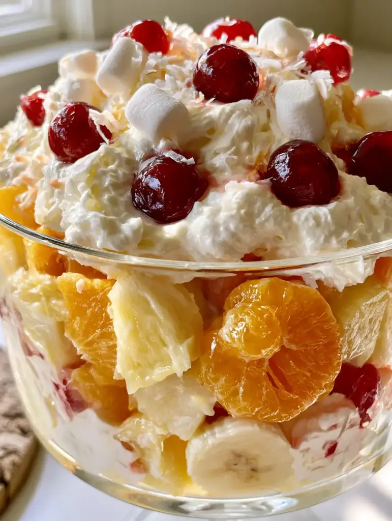 Ambrosia Fruit Medley: The Ultimate Creamy Retro Fruit Salad 1 Top view of ambrosia fruit medley garnished with shredded coconut and glistening maraschino cherries.