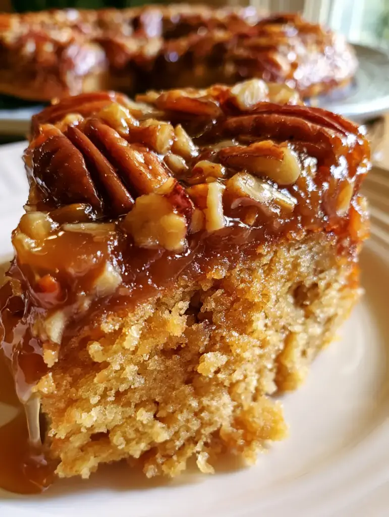 Caramel Pecan Cake: The Ultimate Southern-Style Upside-Down Masterpiece 2 Extreme close up of caramel pecan cake slice with glossy topping and whole pecans in natural morning light.