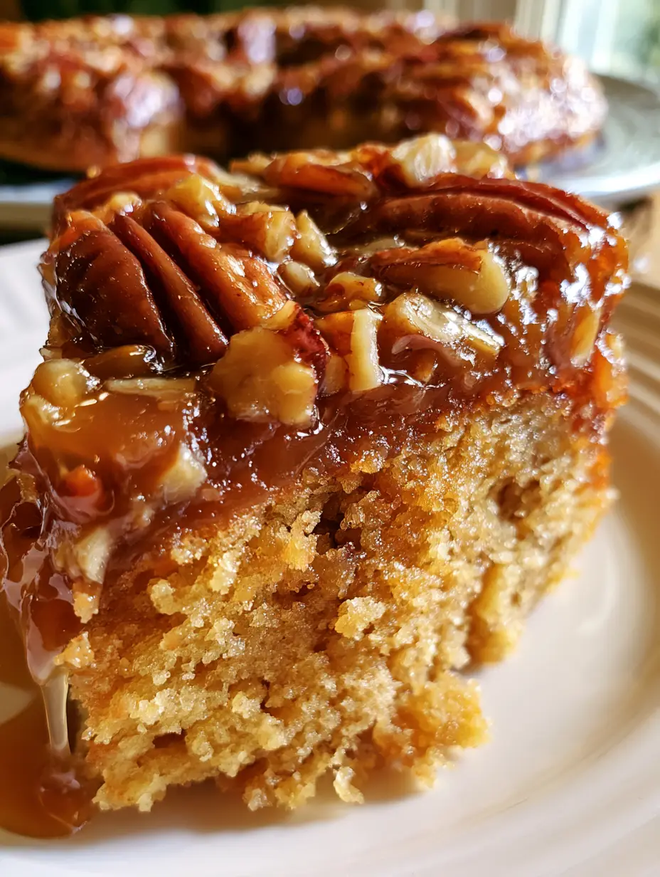 Caramel Pecan Cake: The Ultimate Southern-Style Upside-Down Masterpiece 3 Extreme close up of caramel pecan cake slice with glossy topping and whole pecans in natural morning light.