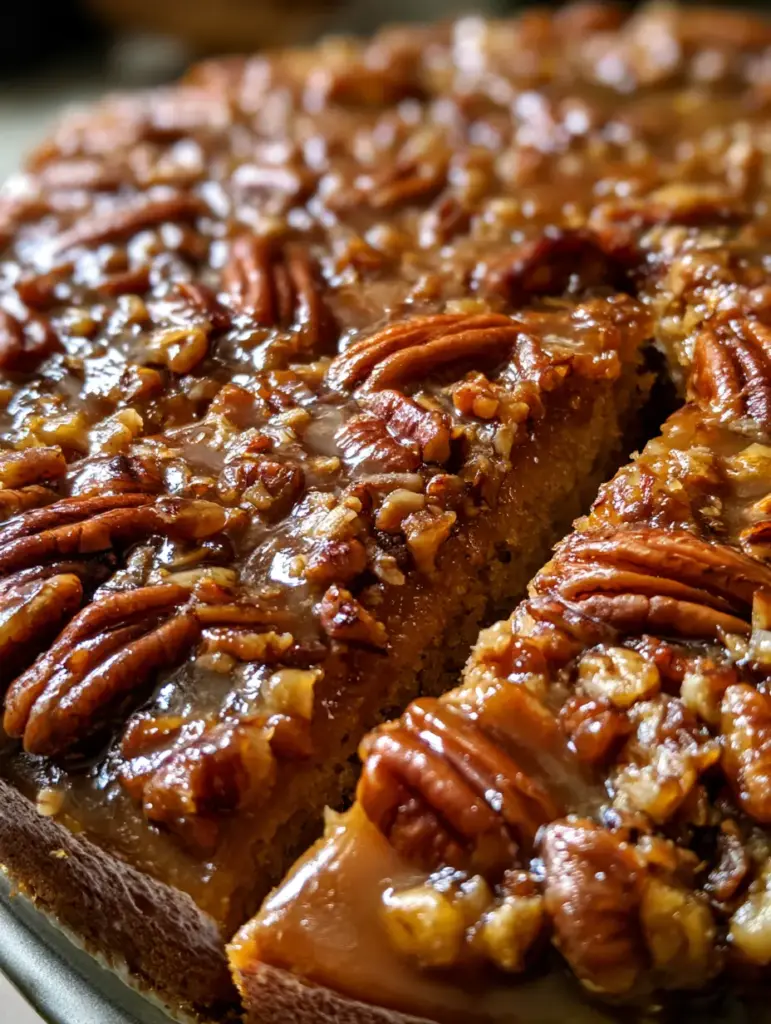 Pecan Caramel Cake: The Ultimate Upside-Down Southern Delight 1 A close-up shot of a slice of pecan caramel cake showcasing the moist golden-brown cake layer.