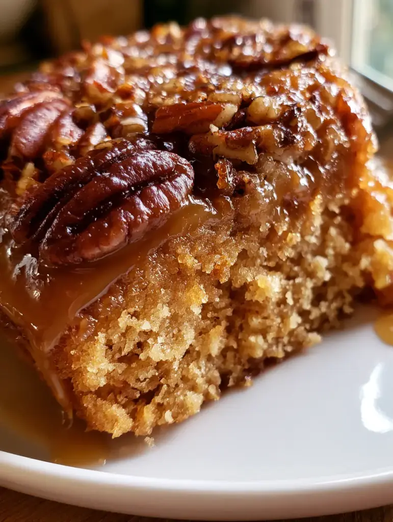 Caramel Pecan Cake: The Ultimate Southern-Style Upside-Down Masterpiece 1 Handheld smartphone photo of a warm pecan upside down cake showing rich textures and inviting warm tones.