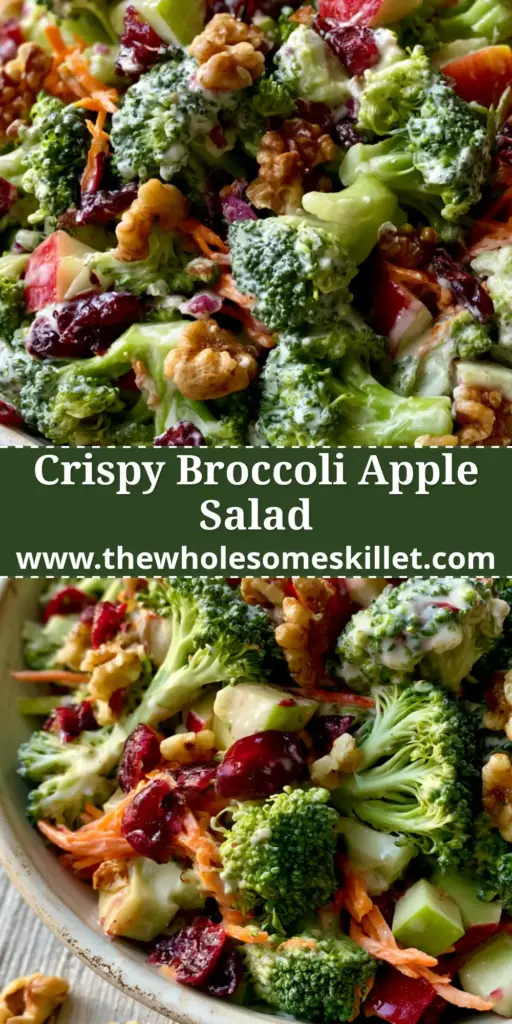 Overhead shot of a vibrant broccoli apple salad in a rustic ceramic bowl with crisp apples and toasted walnuts.