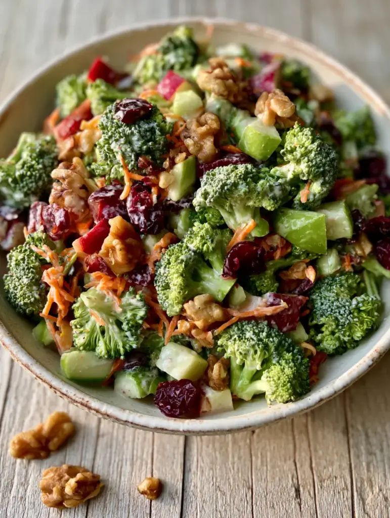 Broccoli apple salad artfully arranged in a rustic bowl on a textured wood surface.