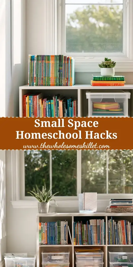 A minimalist and bright homeschool bookshelf featuring Sonlight curriculum books and organized bins. (sonlight curriculum)