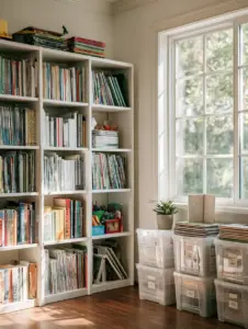 A bright and airy homeschool room with modern shelves and organized supplies. (sonlight curriculum)