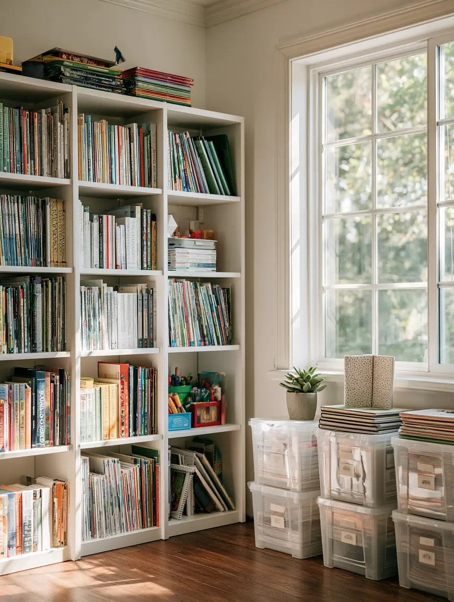 A bright and airy homeschool room with modern shelves and organized supplies. (sonlight curriculum)