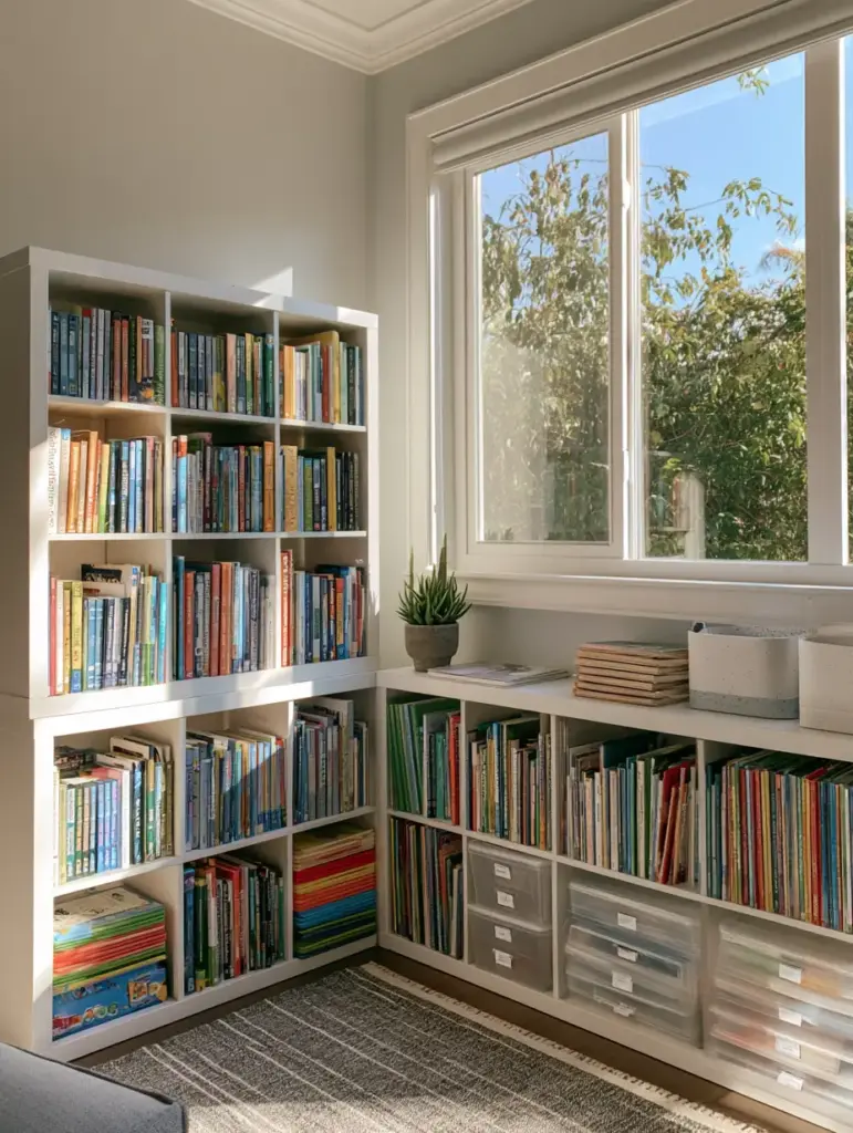 Detailed view of clear labeled storage bins and colorful notebooks on a minimalist shelf.