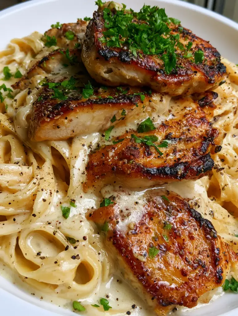Garlic Butter Chicken Pasta with Creamy Parmesan Sauce 1 Close-up of glistening garlic butter sauce on fettuccine with heavy black pepper flakes.