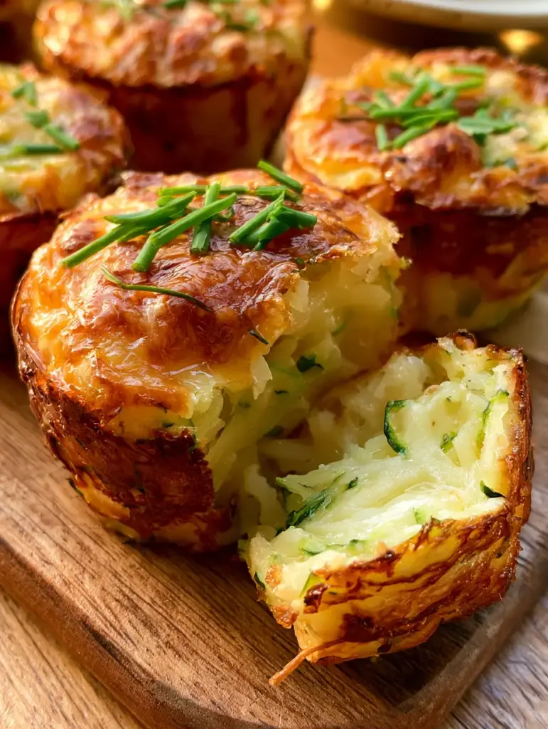 A broken open zucchini potato bite revealing a moist, cheesy interior with visible shredded vegetables.