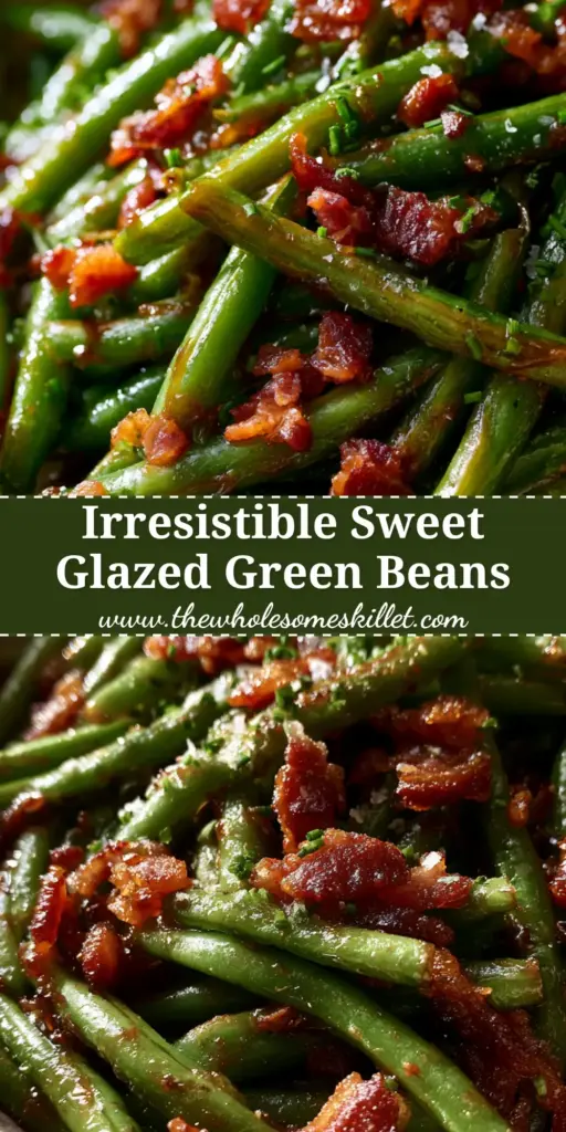 Green Beans with Crispy Caramelized Bacon and Sweet-Savory Glaze 4 A tall Pinterest pin showing a close-up of glistening green beans with crispy bacon and brown sugar glaze.