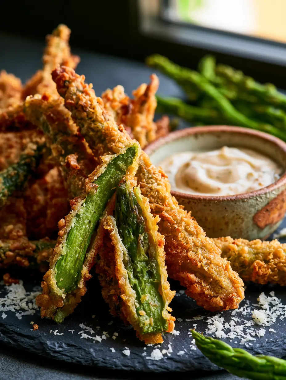 Macro shot of parmesan asparagus sticks showing the craggy, golden cheese texture and vibrant green interior. (parmesan asparagus sticks)