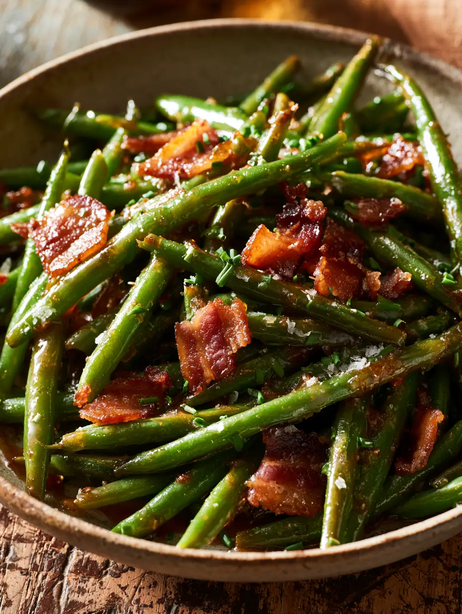 Green Beans with Crispy Caramelized Bacon and Sweet-Savory Glaze 3 Extreme close-up of vibrant green beans coated in a sticky brown sugar glaze with caramelized bacon pieces.