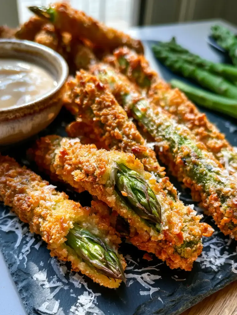 Artistic 45-degree angle shot of parmesan asparagus sticks arranged on a dark slate with lemon-garlic aioli and scattered fresh cheese.
