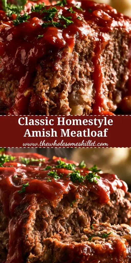 A fresh slice of amish meatloaf with thick ruby-red glaze on a rustic wooden board with mashed potatoes.