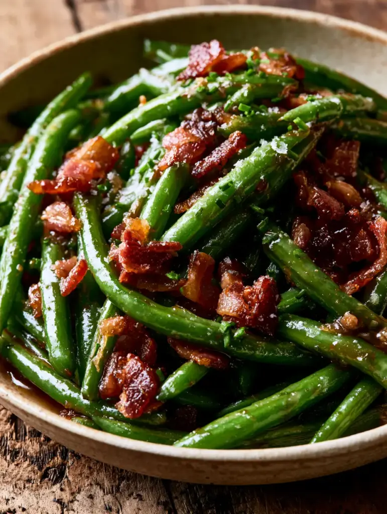 Green Beans with Crispy Caramelized Bacon and Sweet-Savory Glaze 1 Rustic ceramic bowl filled with green beans, crispy bacon, chives, and flaky sea salt on a wooden table.
