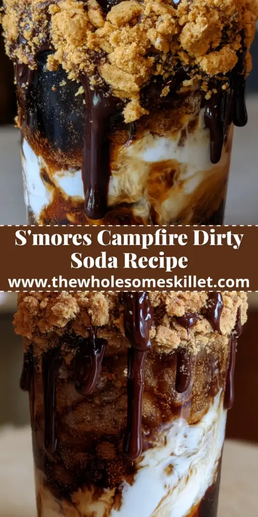 A handheld photo of a tall glass of smores dirty soda with toasted marshmallows and a graham cracker rim. (smores dirty soda)